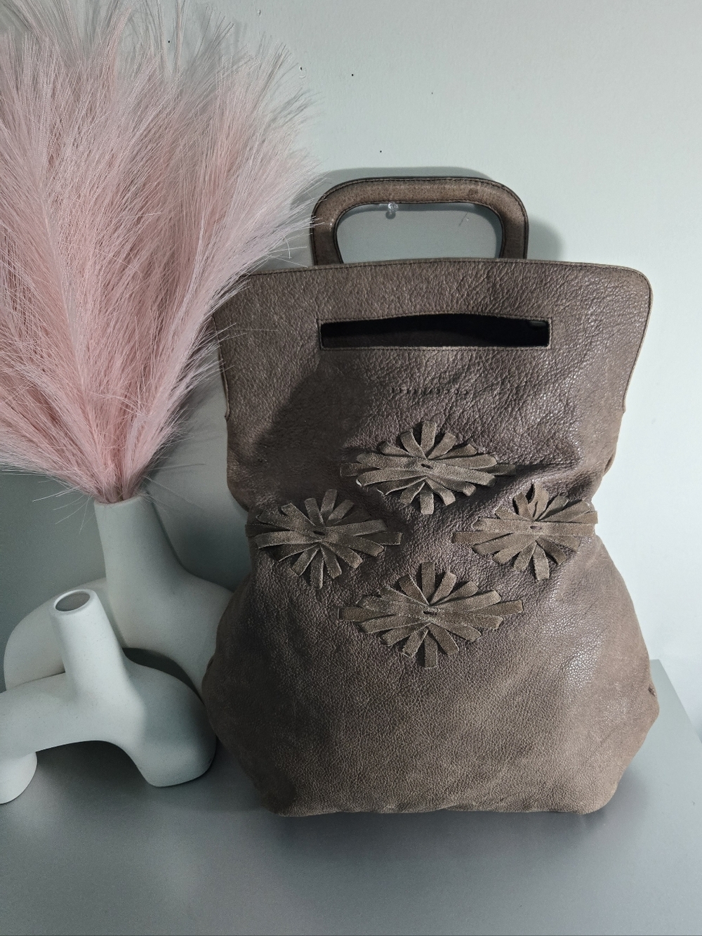 Coccinelle Italian Leather Convertible Tote Bag - Taupe Brown - Slouchy Boho